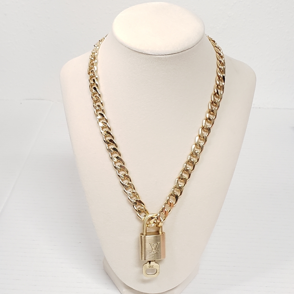 Authentic Louis Vuitton Padlock Gold Pendant with Fashion Cuban Plated Chain